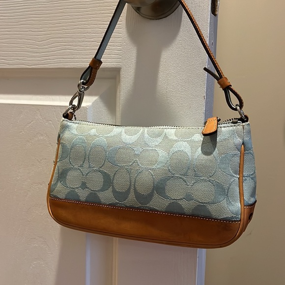 Coach Handbags - Coach Logo blue fabric & tan leather Demi pouch baguette bag.